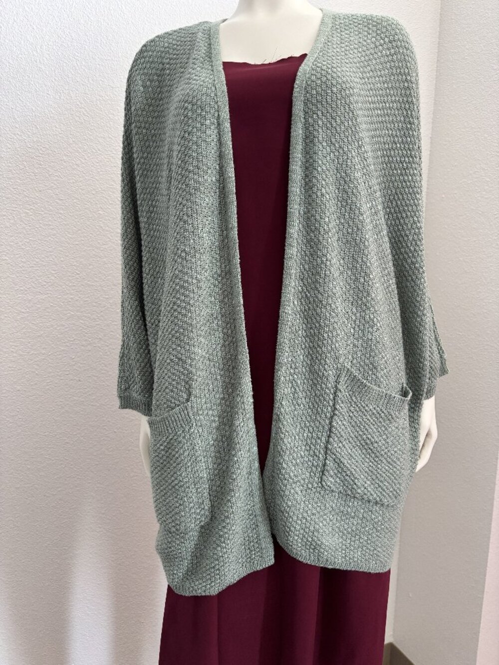 Natural Reflections Sage Green Textured Open Front Cardigan Large Pockets Size L